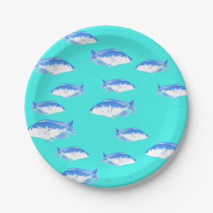 Blue fish on turquoise paper plate