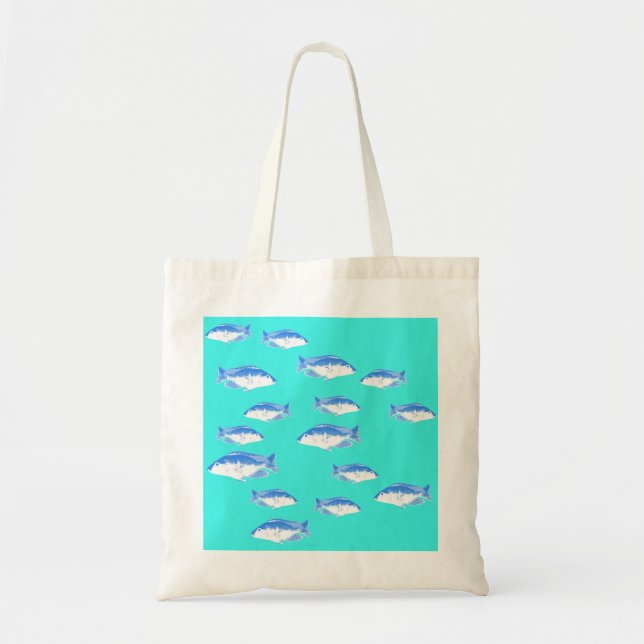 Blue fish on turquoise tote bag (Front)