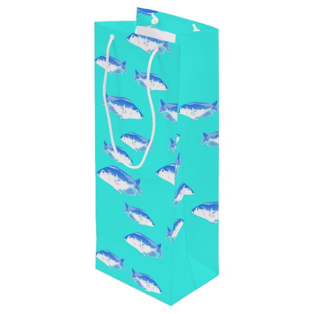 Blue fish on turquoise wine gift bag (Back Angled)