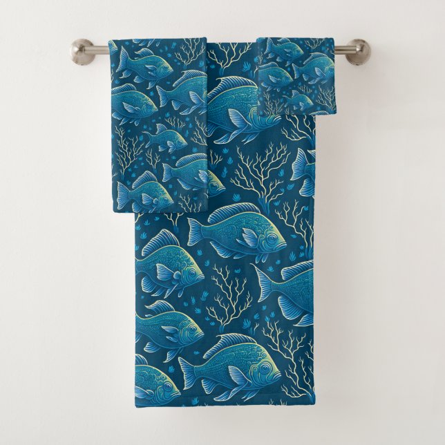 Blue Fish Pattern Bath Towel Set (Insitu)