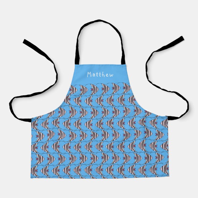 Blue fish pattern kids name apron (Front)