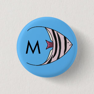 Blue fish pattern monogram 3 cm round badge