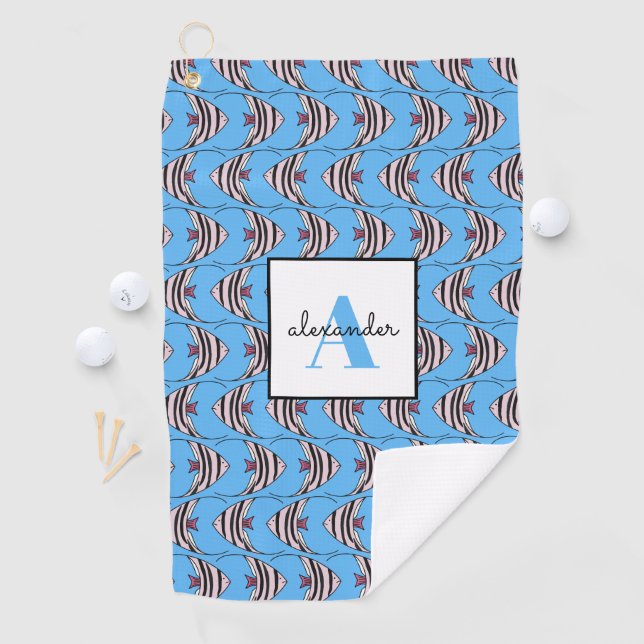 Blue fish pattern monogram first name golf towel (InSitu)