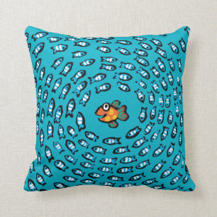 Blue Fish School Pattern with Small Orange Fish Cushion