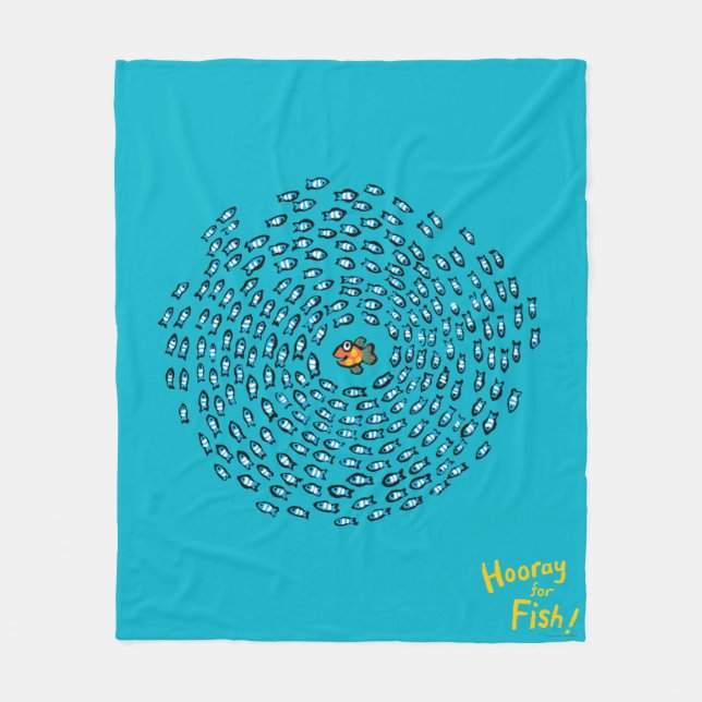 Blue Fish School Pattern with Small Orange Fish Fleece Blanket (Front)