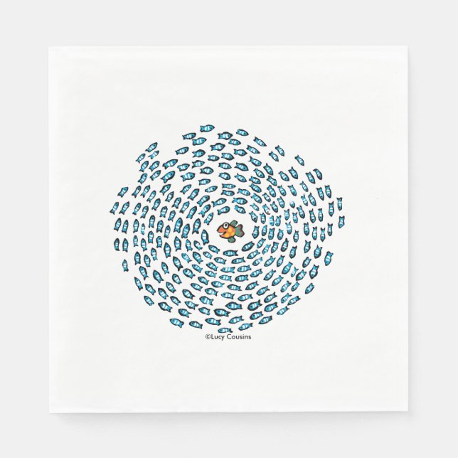 Blue Fish School Pattern with Small Orange Fish Napkin (Front)