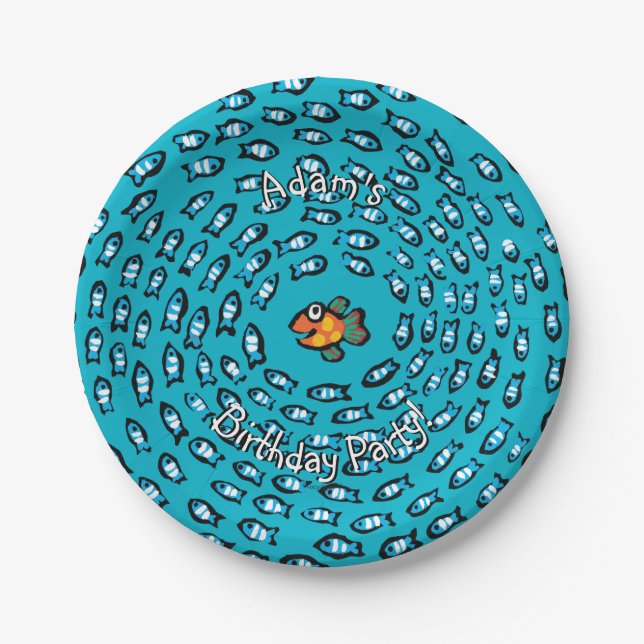 Blue Fish School Pattern with Small Orange Fish Paper Plate (Front)