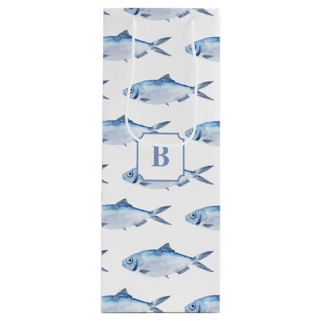 Blue Fish Watercolor Coastal Wine Gift Bag (Front)