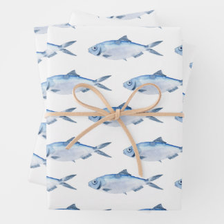 Blue Fish Watercolor Coastal Wrapping Paper Sheet