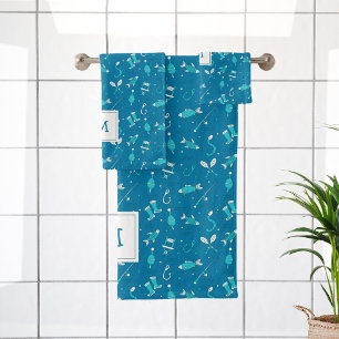Blue Fishing Seamless Pattern Monogrammed Bath Tow Bath Towel Set