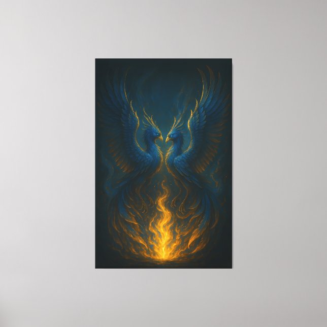 Blue Flame Phoenix Twins – Fine Art Mythical Bird  Canvas Print (Front)