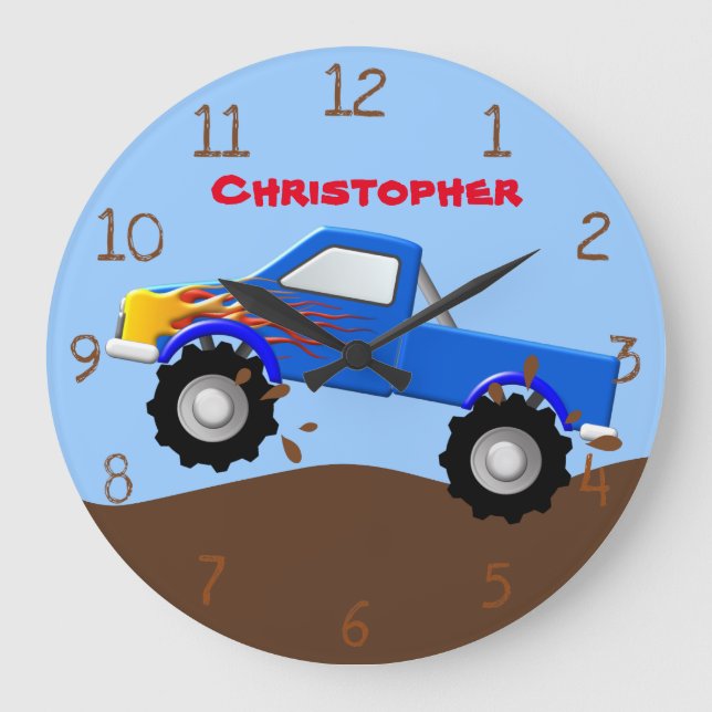 Blue Flames Monster Truck Large Clock (Front)