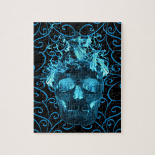 Blue Flaming Fire Skull Art Jigsaw Puzzle