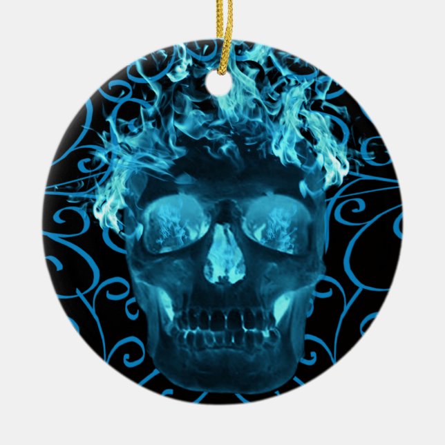 Blue Flaming Skull Ornament (Front)