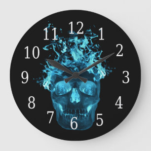 Blue Flaming Skull Round Clock