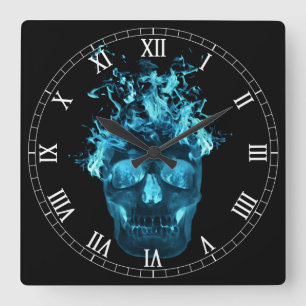 Blue Flaming Skull Square Roman Numerals Clock
