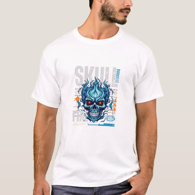 Blue Flaming Skull Streetwear Design | Cyberpunk G T-Shirt (Front)