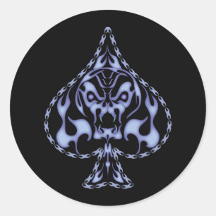 Blue Flaming Spade Skull Classic Round Sticker