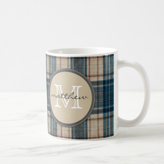 Blue Flannel Background Monogram Coffee Mug (Right)