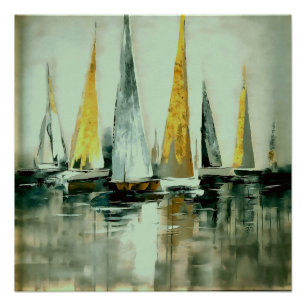 Blue Flaxen Yellow And Greige Sails on Still Water Poster