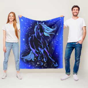 Blue Fleece Blanket Horse Running In Moonlight
