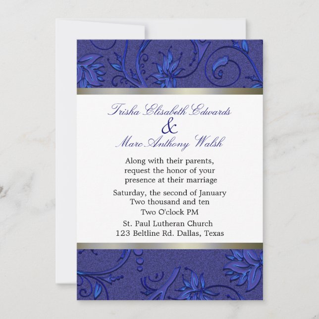 Blue Fleur Damask Wedding Invitation (Front)
