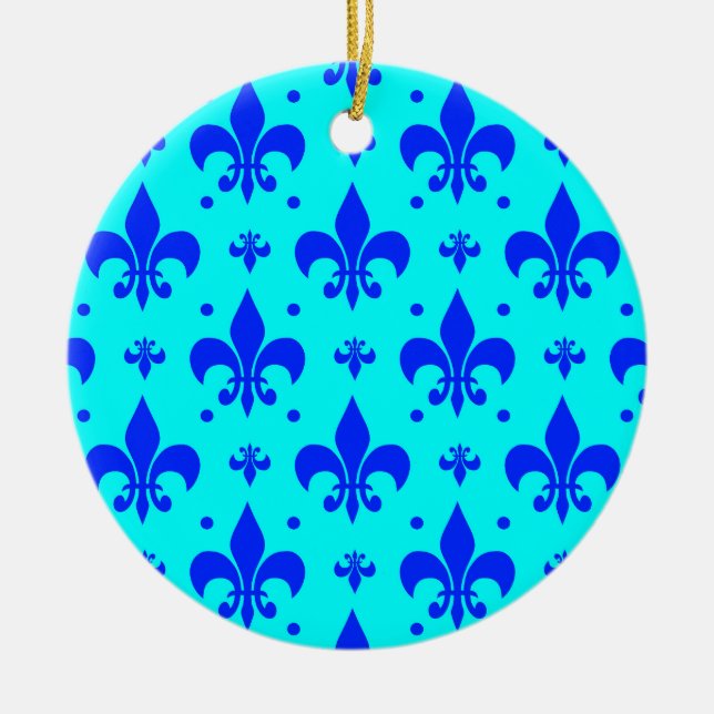 Blue Fleur-de-lis Pattern Design  Ceramic Tree Decoration (Front)