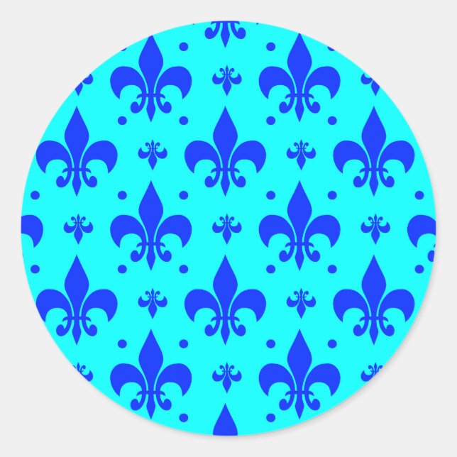Blue Fleur-de-lis Pattern Design  Classic Round Sticker (Front)