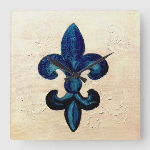 Blue Fleur de Lis Square Wall Clock