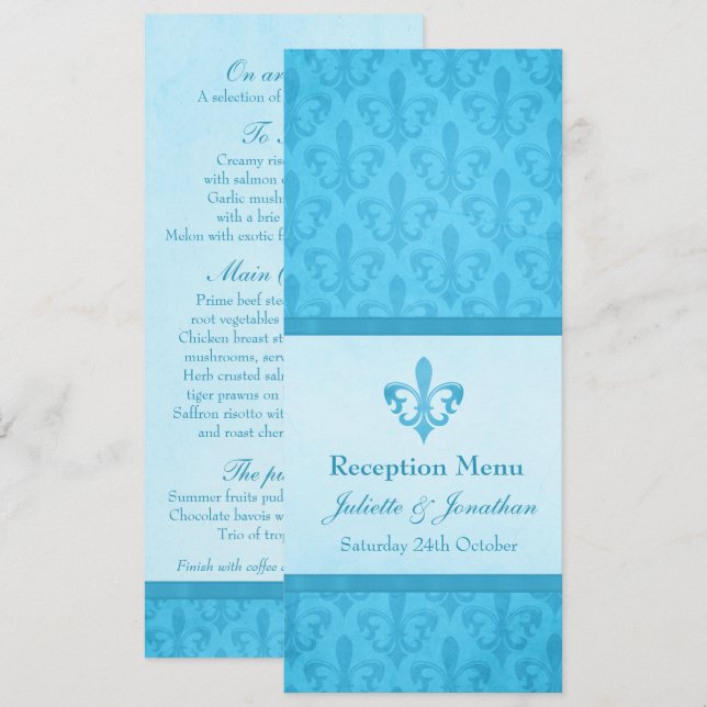 Blue Fleur De Lis wedding reception dinner menu Invitation (Front/Back)