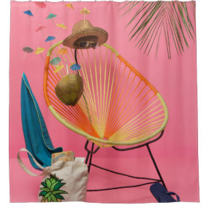 Blue flip-flop beside chair shower curtain