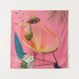 Blue flip-flop beside chair tapestry