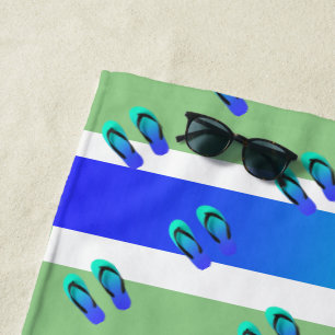 Blue Flip flops + Aqua Stripes Ocean  Beach Towel