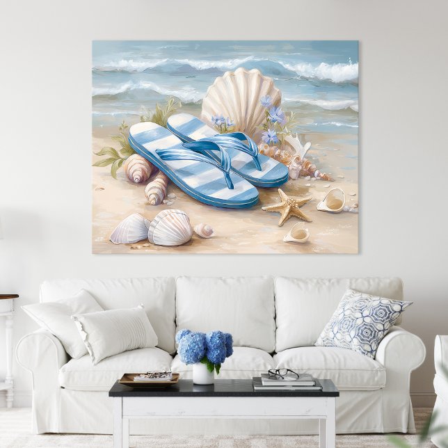 Blue Flip Flops Seashells Coastal Beach Summer Art Poster (Blue Flip Flops Seashells Coastal Beach Summer Art by TinkPrints.)