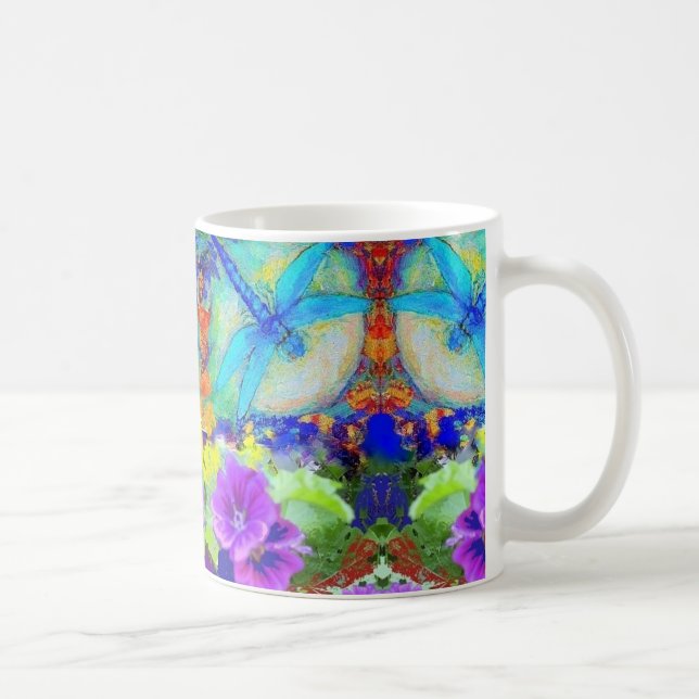 Blue Flirting Dragonflys Purple Flowers by Sharles Coffee Mug (Right)