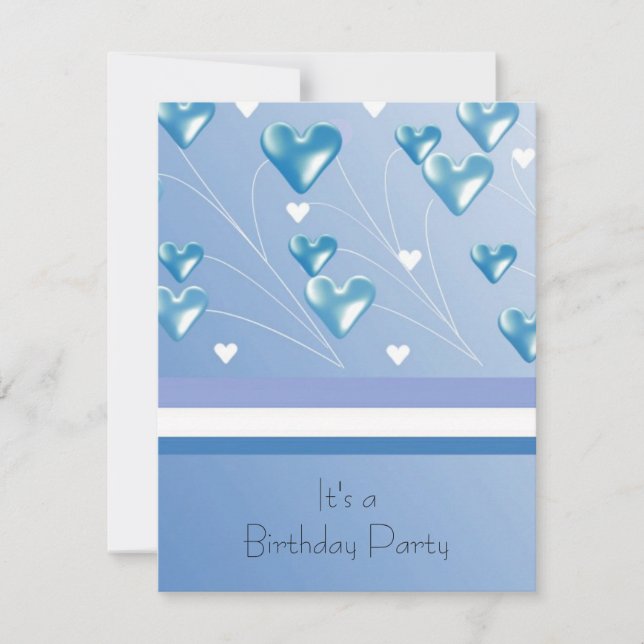 Blue Floating Hearts Birthday Party Invitation (Front)
