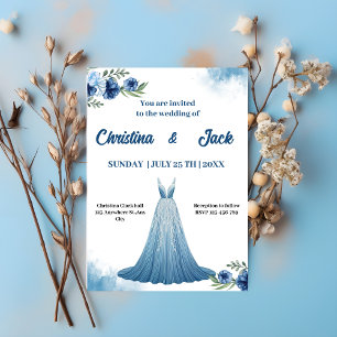 Blue Flora Elegant Gown Design Wedding Invitation