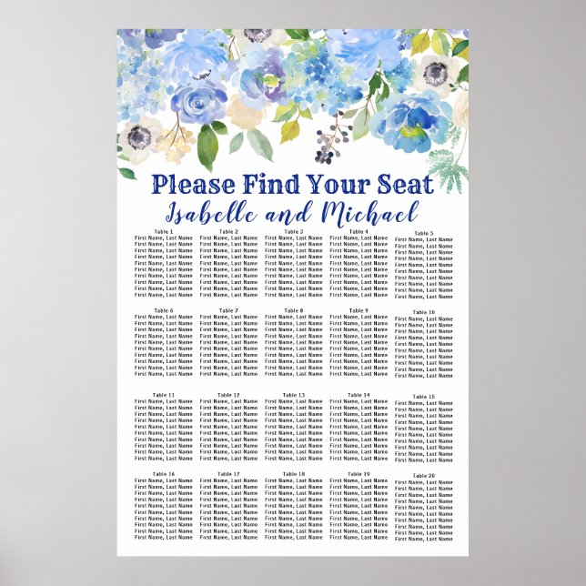 Blue Floral 20-Table Wedding Seating Chart (Front)