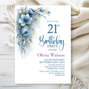 Blue Floral 21st Birthday Party Invitation