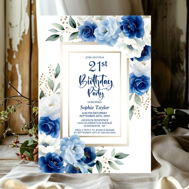 Blue Floral 21st Birthday Party Invitation (Creator Uploaded)