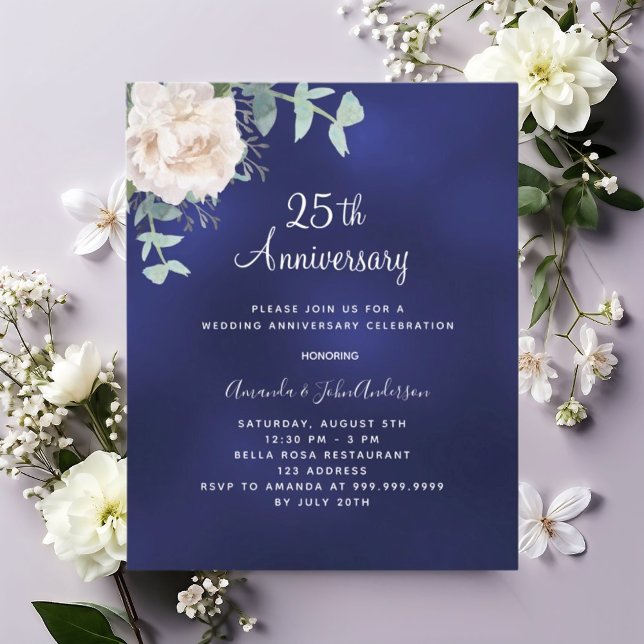 Blue floral 25th wedding anniversary invitation (Creator Uploaded)