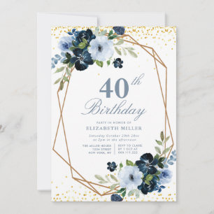 blue floral 40th birthday party invitation