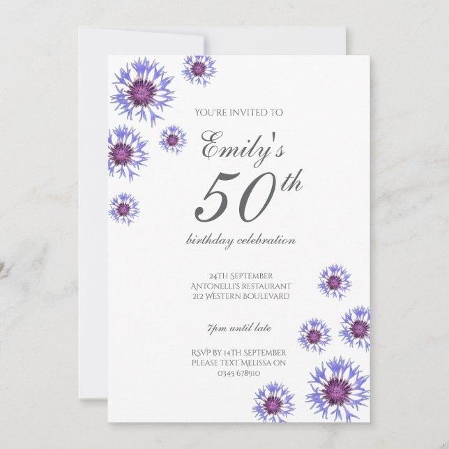 Blue Floral 50th Birthday Party Invitation (Front)