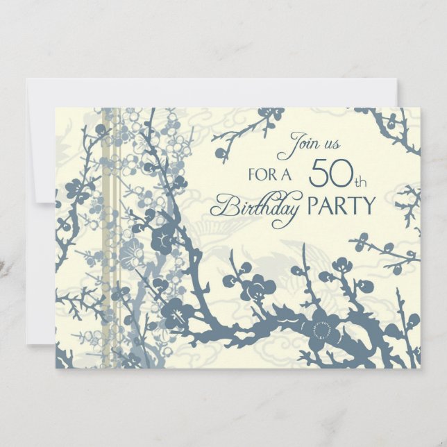 Blue Floral 50th Birthday Party Invitation Cards (Front)