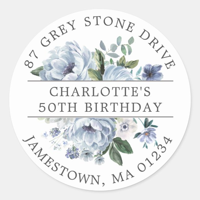 Blue Floral 50th Birthday Return Address Label (Front)