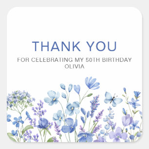 Blue Floral 50th Birthday Thank You  Square Sticker