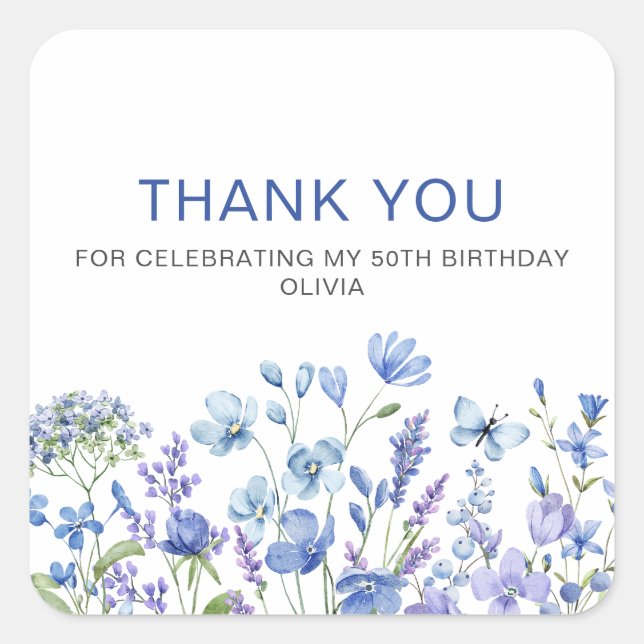Blue Floral 50th Birthday Thank You  Square Sticker (Front)