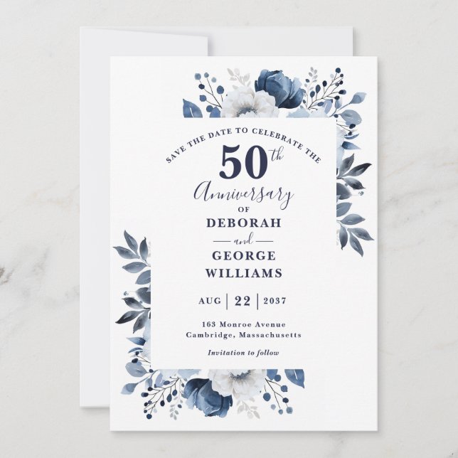 Blue Floral 50th Wedding Anniversary Save The Date (Front)