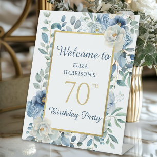 Blue Floral 70th Birthday Party Welcome Pedestal Sign