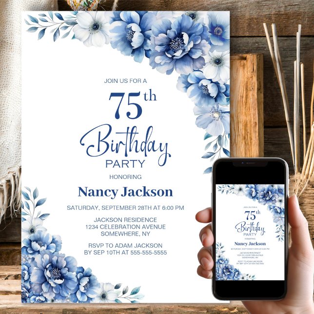 Blue Floral 75th Birthday Party Invitation (Creator Uploaded)